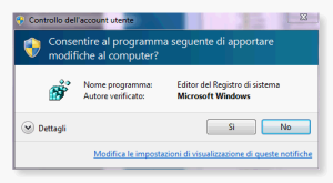 avviare regedit in windows 7